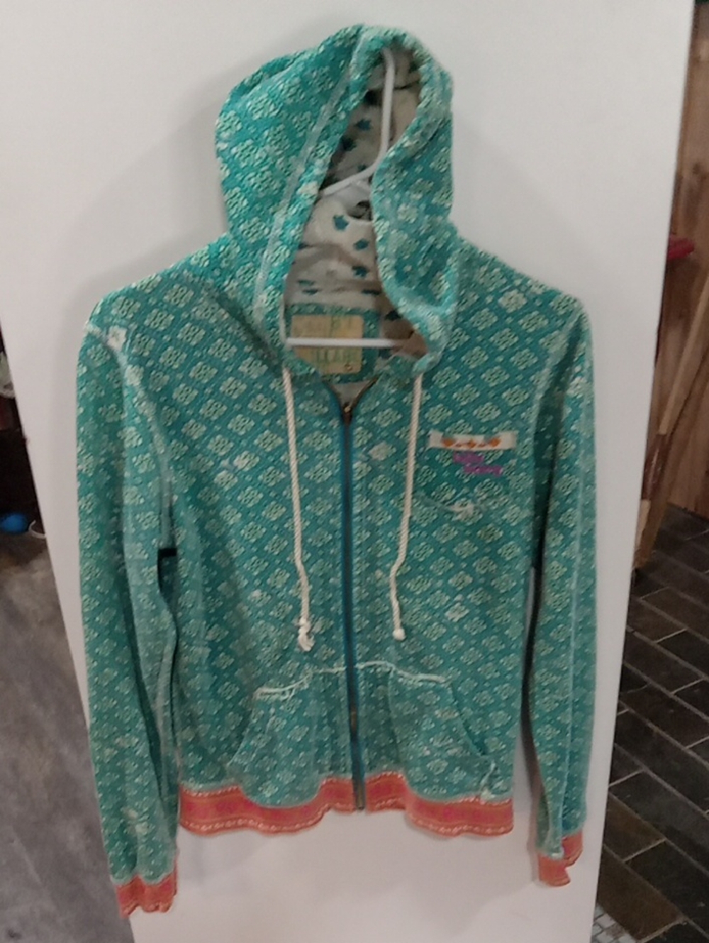 (438) Billa bongTeal Patterned Zip-Up Hoodie with Coral Trim